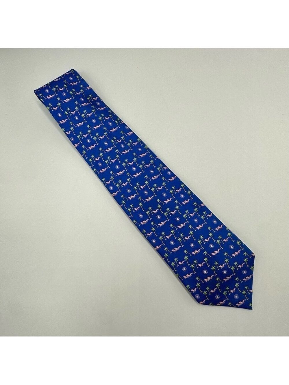 Ferragamo Silk Tie Blue Pink & Green with Palm Trees Lounge Chairs & the Sun